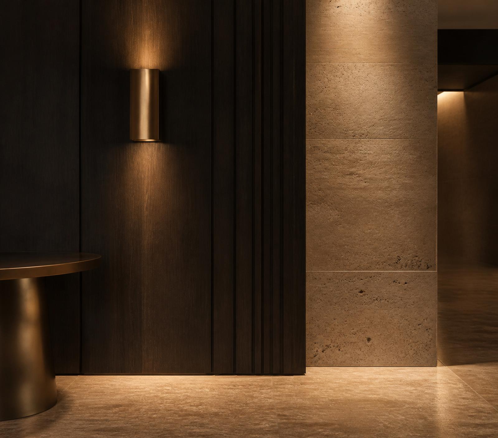 Architectural detail — walnut and travertine